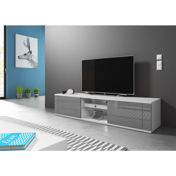 Meuble tv 2 portes 140 cm avec led blanc et gris cropped-4