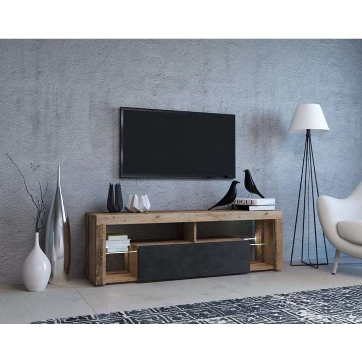 Meuble tv 1 porte 140 cm avec led naturel et gris anthracite cropped-2