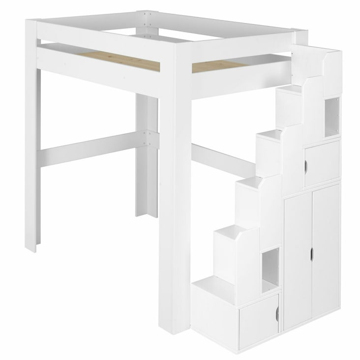 Cama alta con escritorio y colchón natural blanco 90x190 cm Alex