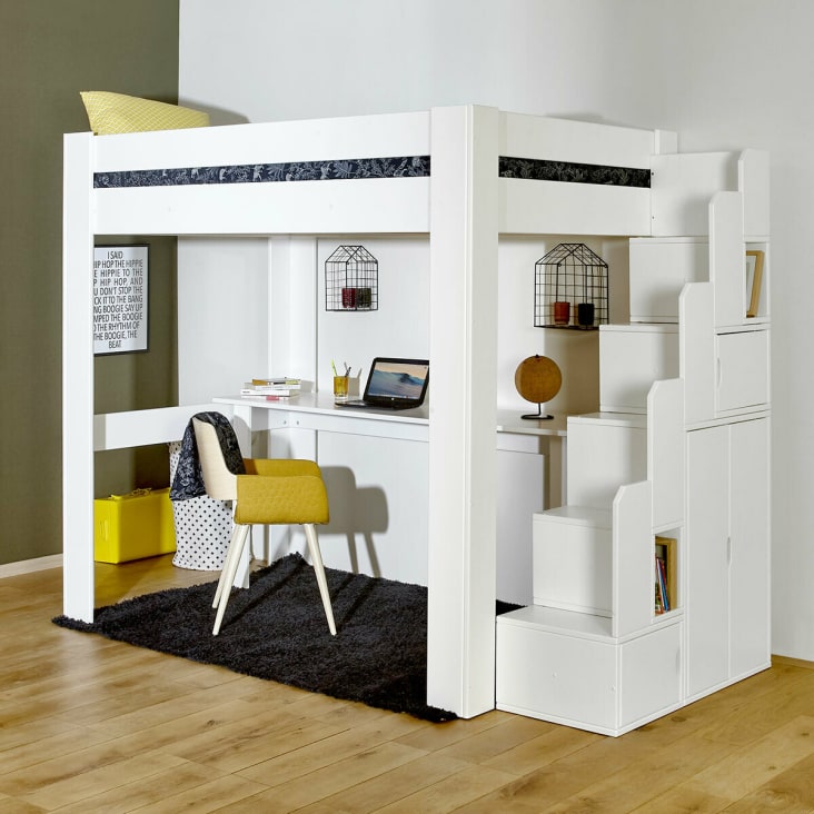 Lit mezzanine 2 places avec bureau bois massif blanc 140x190 cm-Alex cropped-3