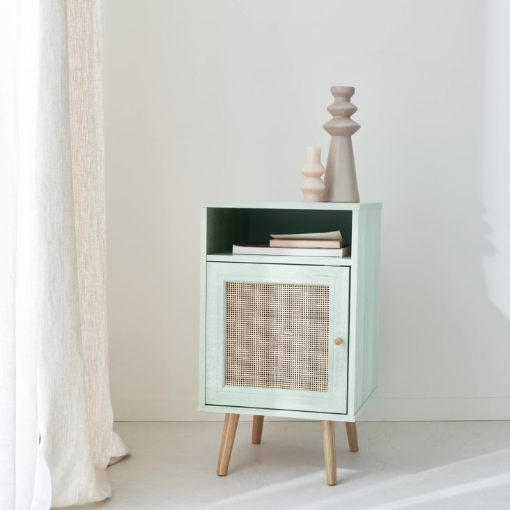 Comodino scandinavo in vimini verde celadon Bohème