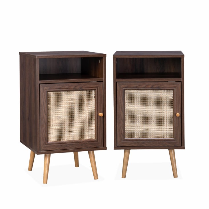 Mesita de noche escandinava de mimbre, set de 2, madera oscura