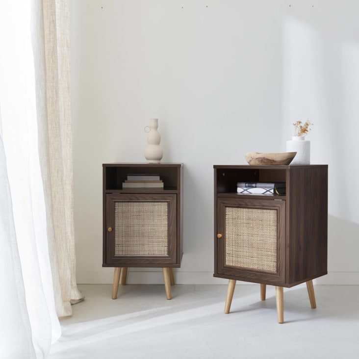 Mesita de noche escandinava de mimbre, set de 2, madera oscura