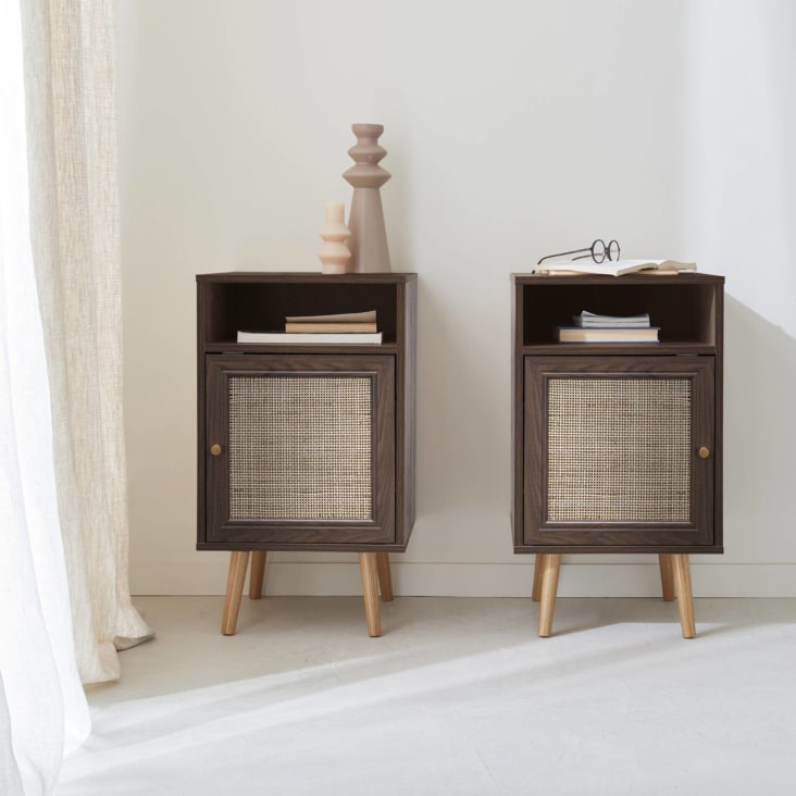 Mesita de noche escandinava de mimbre, set de 2, madera oscura