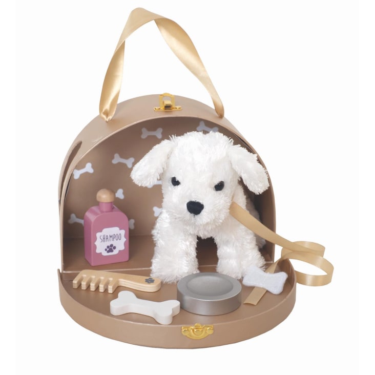 Peluche chien avec son sac et accessoires en bois