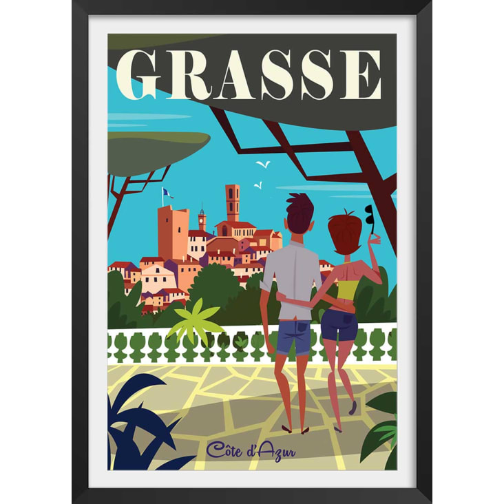 Poster di viaggio di Grasse con marco negro 30x45cm