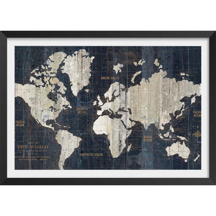 Affiche carte du monde voies navigables avec cadre noir 60x40cm