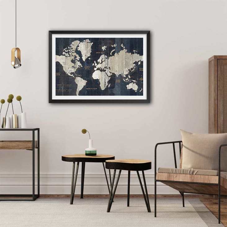 Affiche carte du monde voies navigables avec cadre noir 60x40cm cropped-2