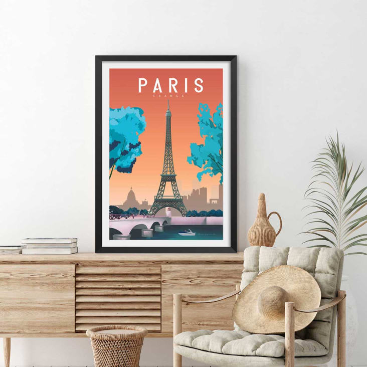 Affiche ville retro Paris France avec cadre noir 60x90cm