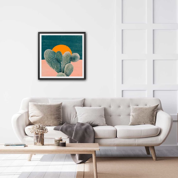 Affiche illustration cactus et soleil orange avec cadre noir 30x30cm cropped-2