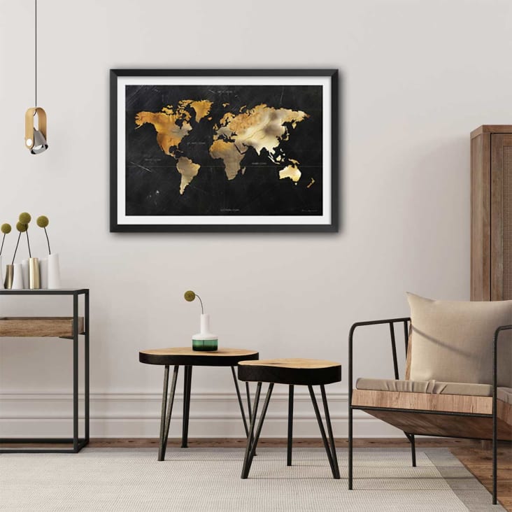 Poster della mappa del mondo dorato con marco negro 45x30cm