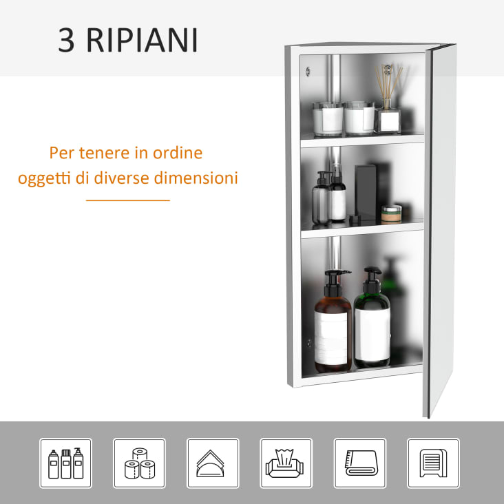 Armadietto Angolo Bagno LEMROE Con Specchio - 2 Ripiani, MDF, Montaggio A Parete, 30x24x60cm - Foto 2