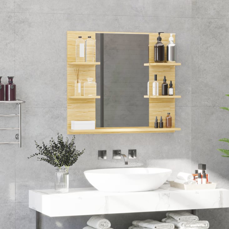 Specchio da parete per bagno con ripiani in mdf e vetro colore legno