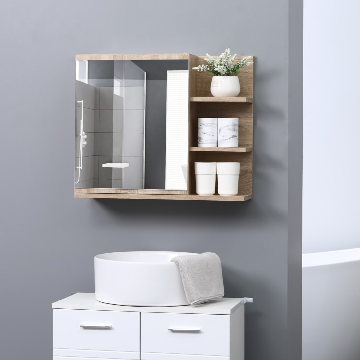 Mobile specchiera bagno a parete con anta e ripiani in legno naturale