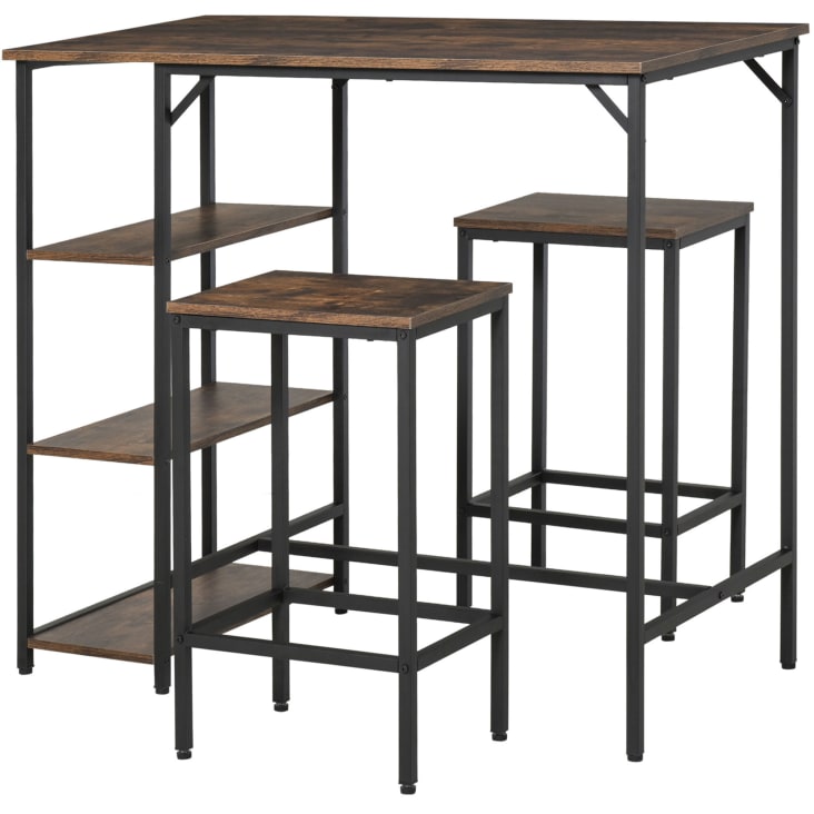 Set tavolo alto con 2 sgabelli e scaffale in metallo e legno