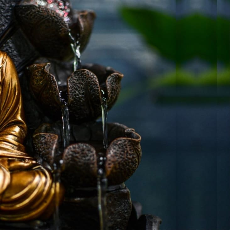 Fontaine bouddha et cascade de 3 lotus en résine marron et doré - H 40-HARTHA cropped-5