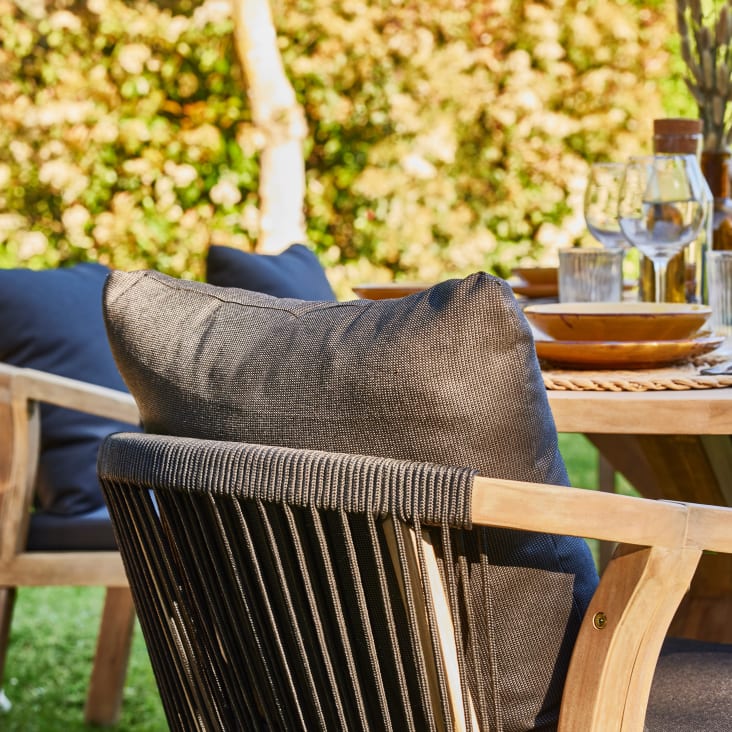 Set tavolo da giardino rotondo 150 cm e 6 sedie in legno e corda RIVIERA