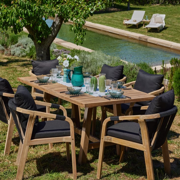 Set tavolo da giardino 230×100 cm e 8 sedie in legno e corda nera