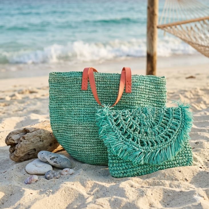 Pochette chic en raphia, turquoise BONA | Maisons du Monde