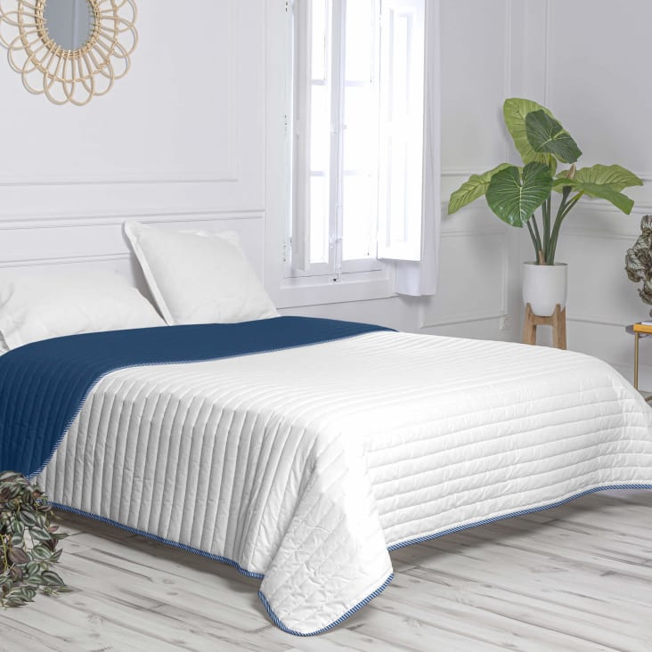 Colcha Bouti para Cama Verano. Colcha cubre cama acolchada reversible  Rombos. Cama 150 - 250 x 260 cm. Color Azul Marino.