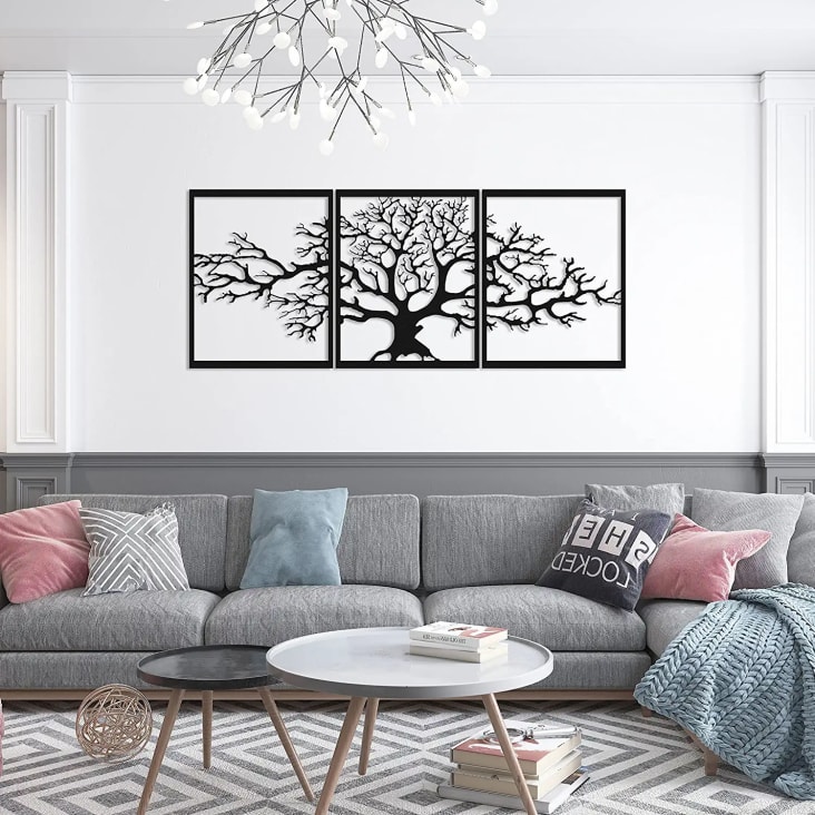 Déco murale triptyque arbre de vie en métal noir 117x48 cm