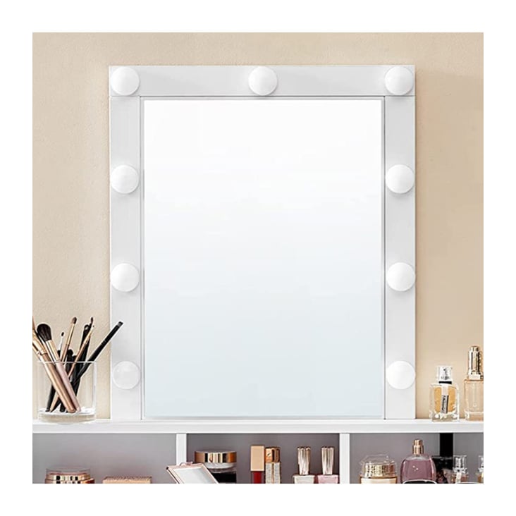 Coiffeuse blanche avec miroir à ampoules et 2 tiroirs - L80 x H145 cm cropped-3