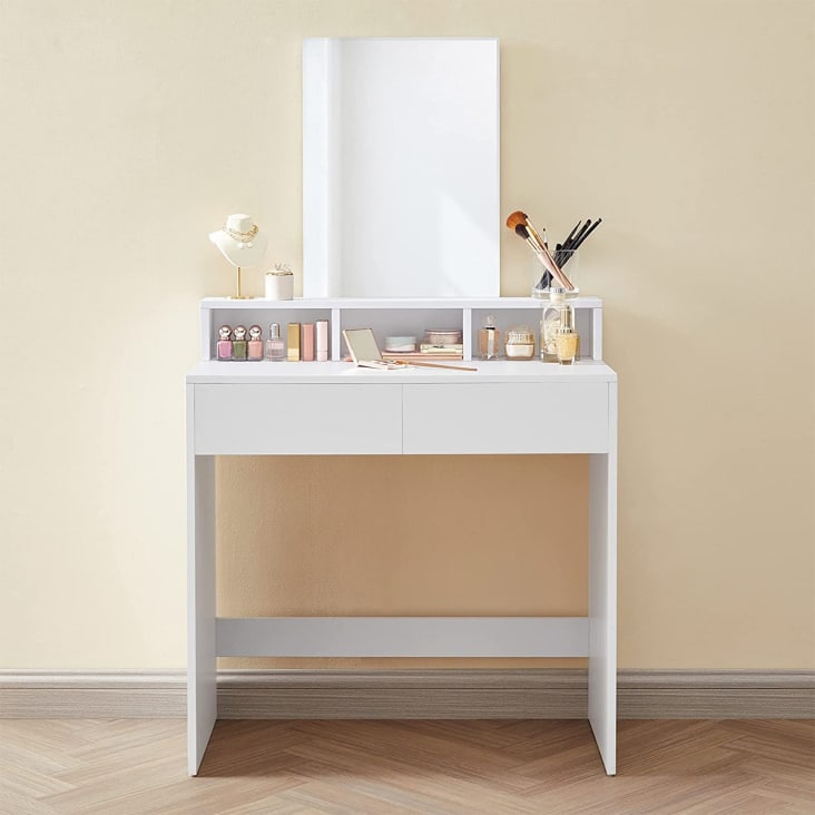 Coiffeuse blanche avec miroir, 1 tiroir, 2 étagères et armoire de rangement  - L80 x H132 cm
