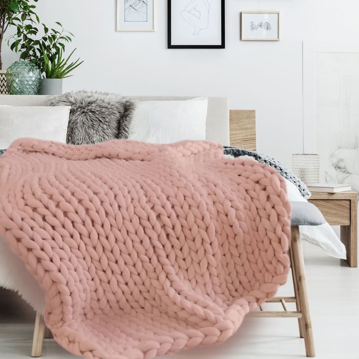 Plaid grosse maille chunky l. 150 x l. 120 cm rose Chunky