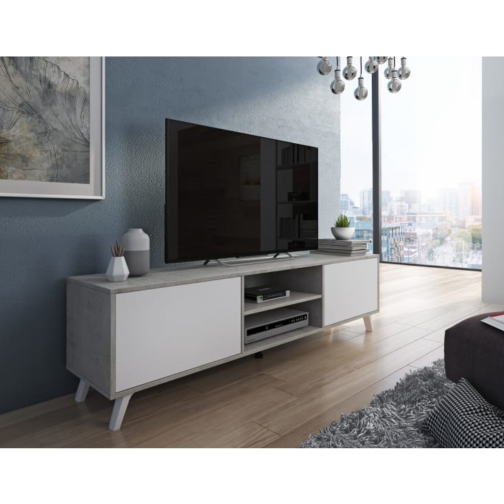 Mobile porta tv 180 cm con pensile in legno bianco lucido e naturale - Eike