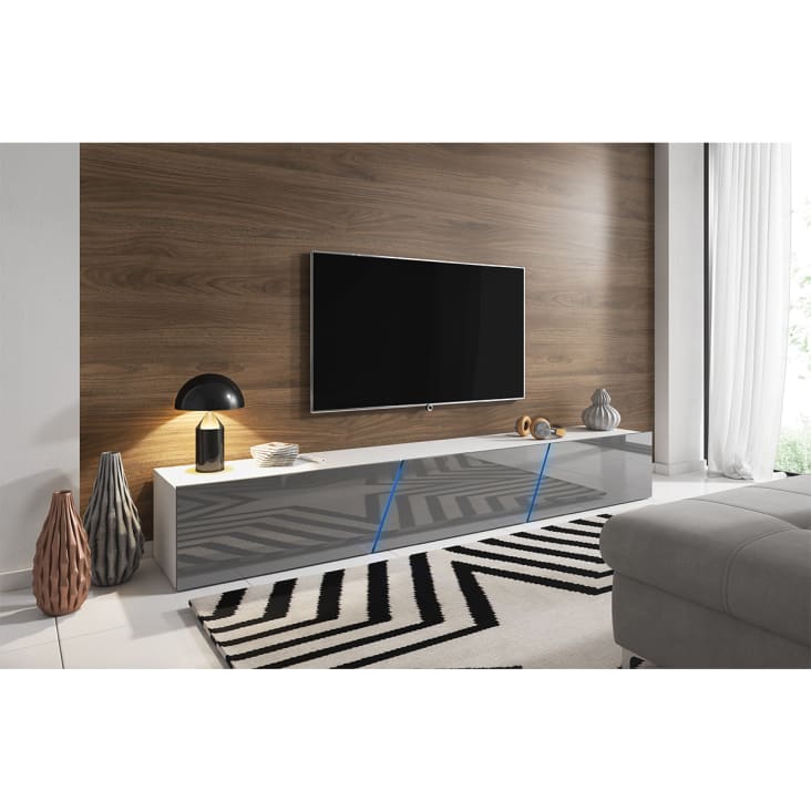 Meuble tv sur pied ou mural 3 portes 240 cm avec led blanc et gris
