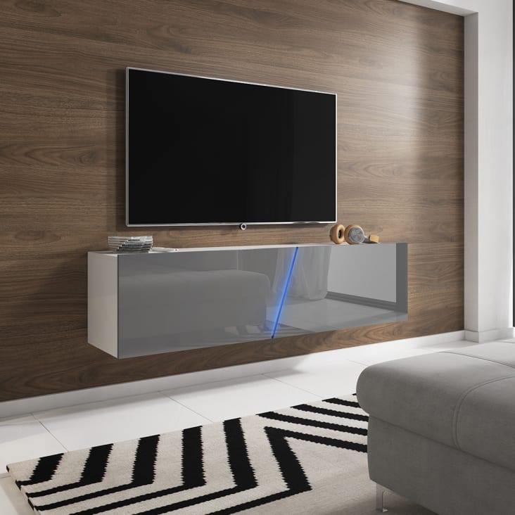 Meuble tv sur pied ou mural 2 portes 160 cm avec led blanc et gris