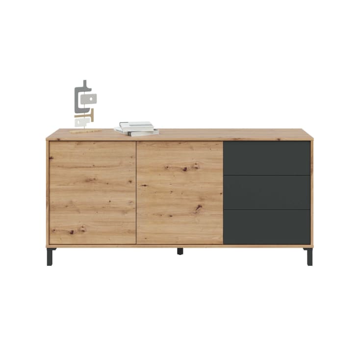 Credenza a 2 ante e 3 cassetti effetto legno rovere nodi e antracite DBOG