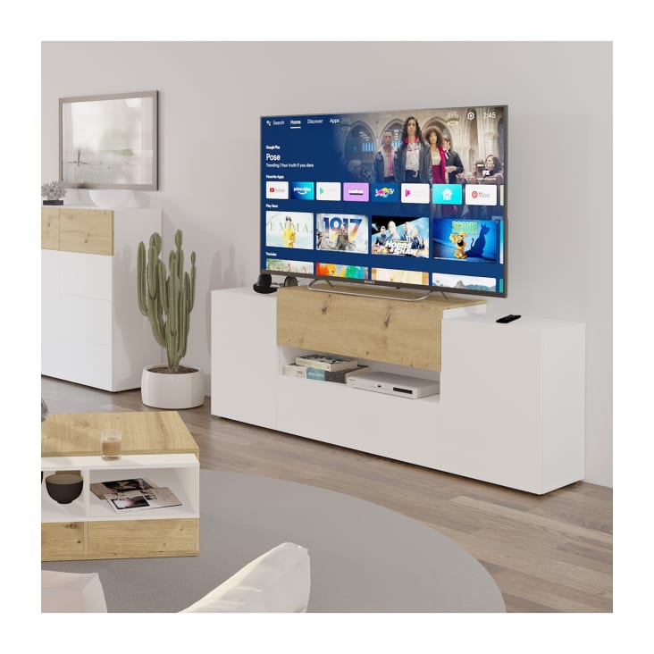 Meuble TV 2 portes 2 tiroirs blanc brillant et chêne artisan - L182 cm-Olpe cropped-2
