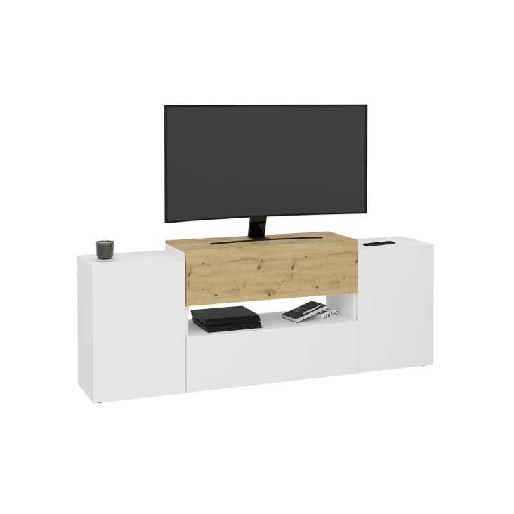 Meuble TV 2 portes 2 tiroirs blanc brillant et chêne artisan - L182 cm-Olpe cropped-3