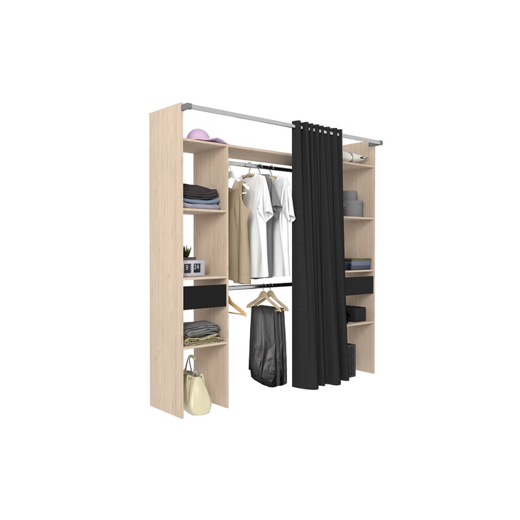 Dressing bois avec rideau noir et 2 penderies, 6 étagères et 2 tiroirs-Elysee cropped-3