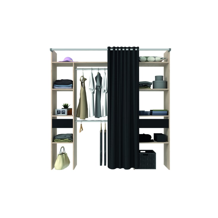 Dressing bois avec rideau noir et 2 penderies, 6 étagères et 2 tiroirs-Elysee cropped-4