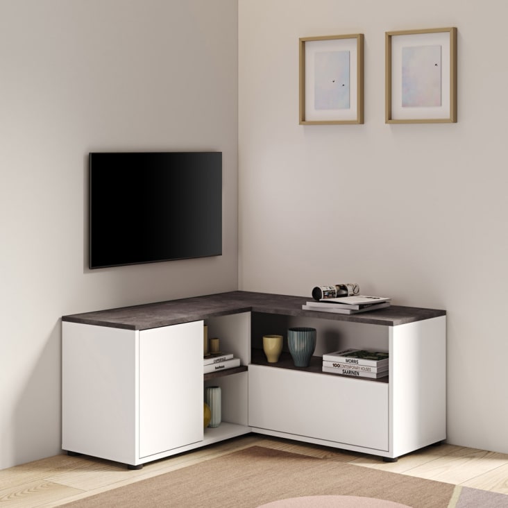 Meuble TV effet bois blanc et béton Angle