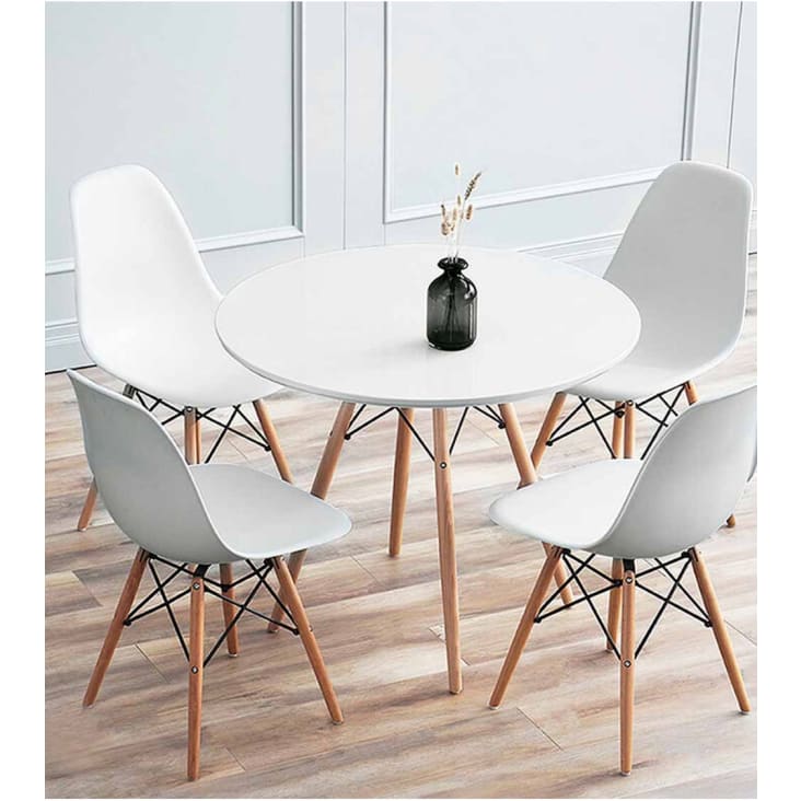 Juego comedor estilo nórdico, mesa rectangular, 4 sillas con cojín