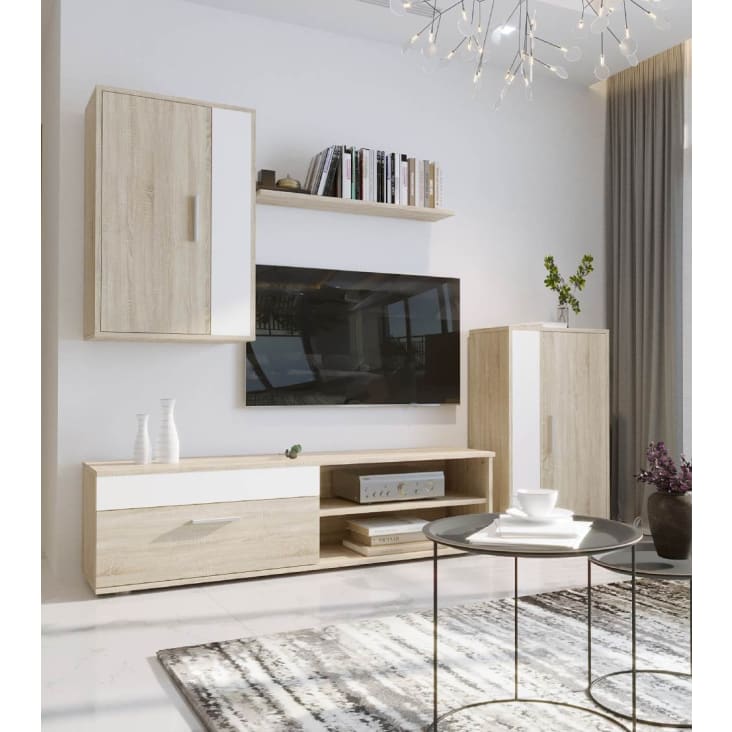 Mueble salón completo 4 módulos en color roble y blanco BOSCO