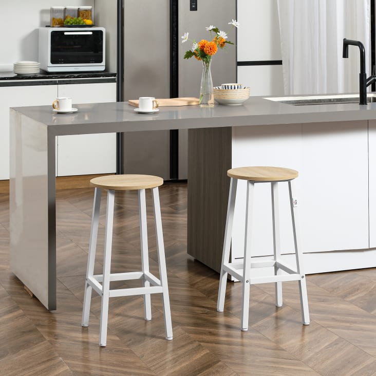 Set 2 sgabelli da cucina con piano liscio bianco e color legno