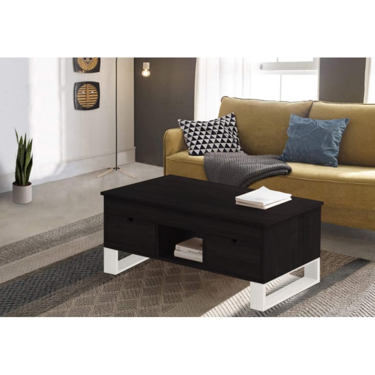 Mesa centro elevable madera con 4 huecos de almacenaje, negro y blanco  FIORA