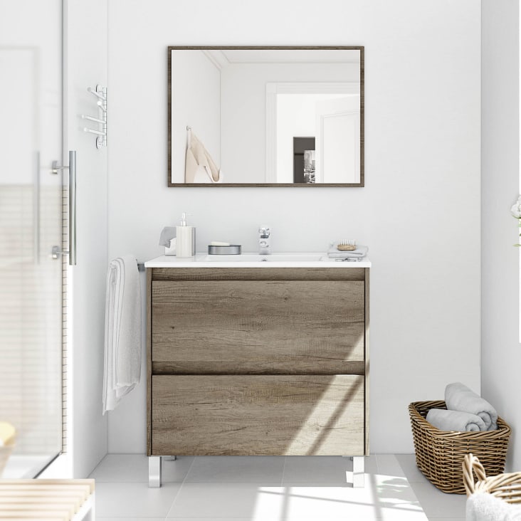 Mueble de baño 2 cajones con espejo, sin lavabo, 80 cm DEVIN