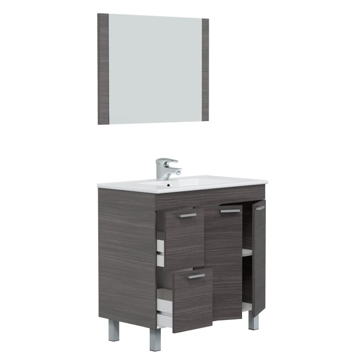 Armario bajo fregadero Douna, Mueble de baño de 2 cajones, Mueble colgante  con espejo, lavabo no incluido, 80x45h80 cm, Roble