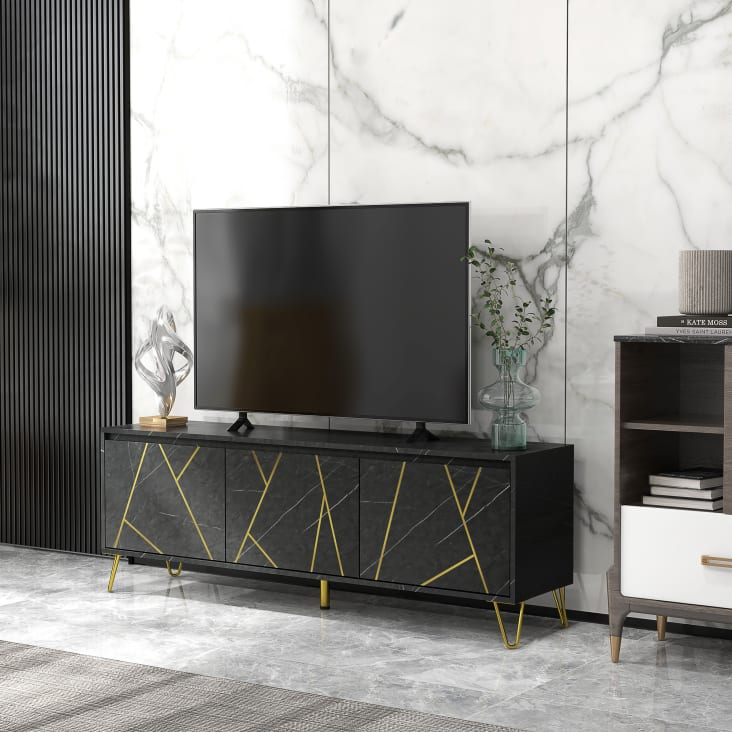 Meuble TV style art déco métal doré aspect marbre noir rainures