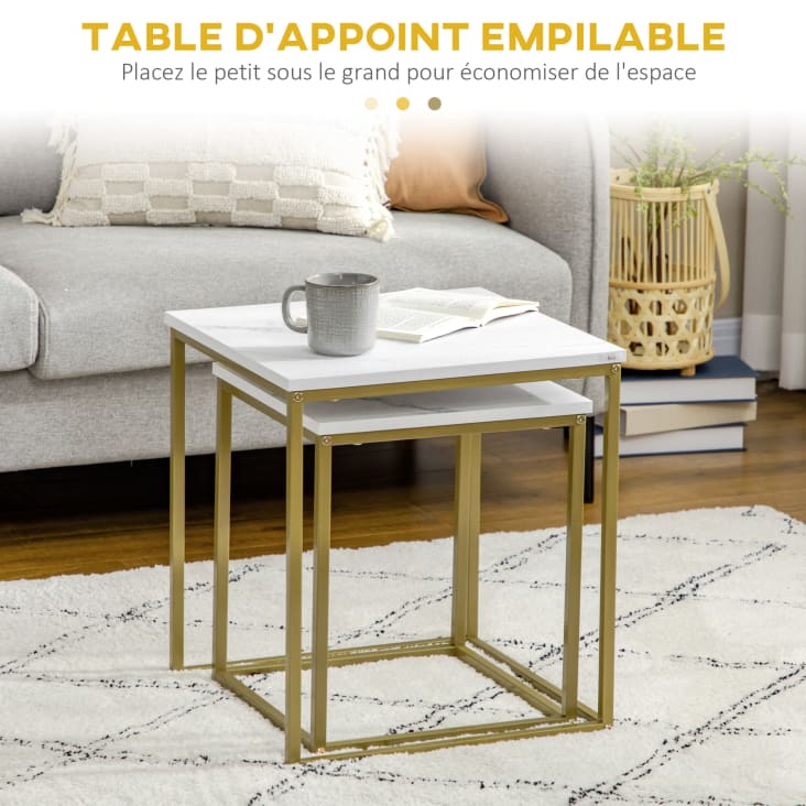 Lot de 2 tables gigognes art déco acier doré aspect marbre blanc cropped-4