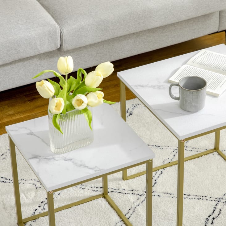 Lot de 2 tables gigognes art déco acier doré aspect marbre blanc cropped-9