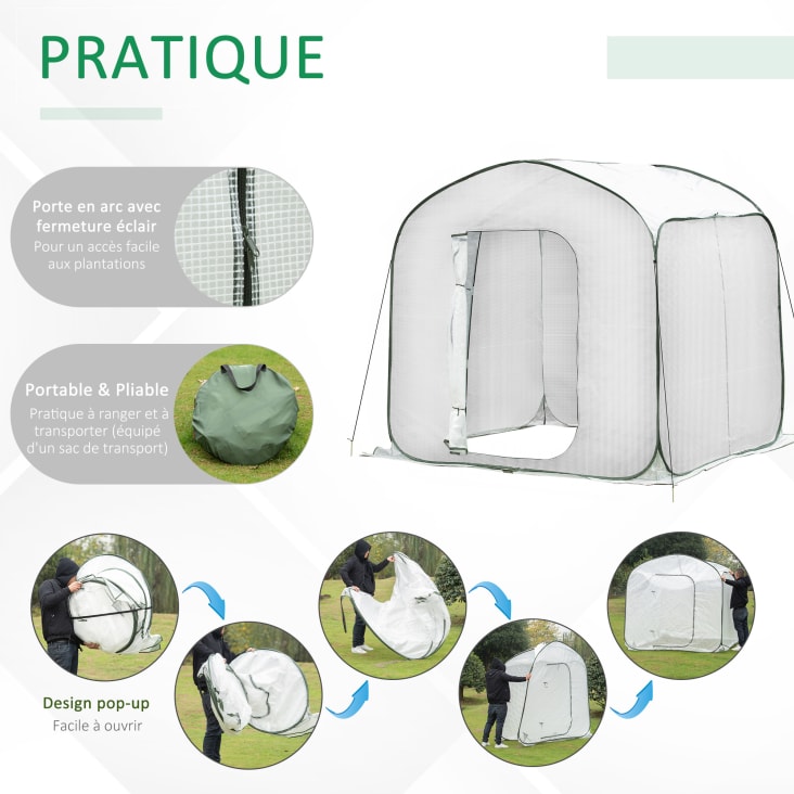 Serre de jardin pop-up porte zippée sac transport PE blanc vert cropped-5