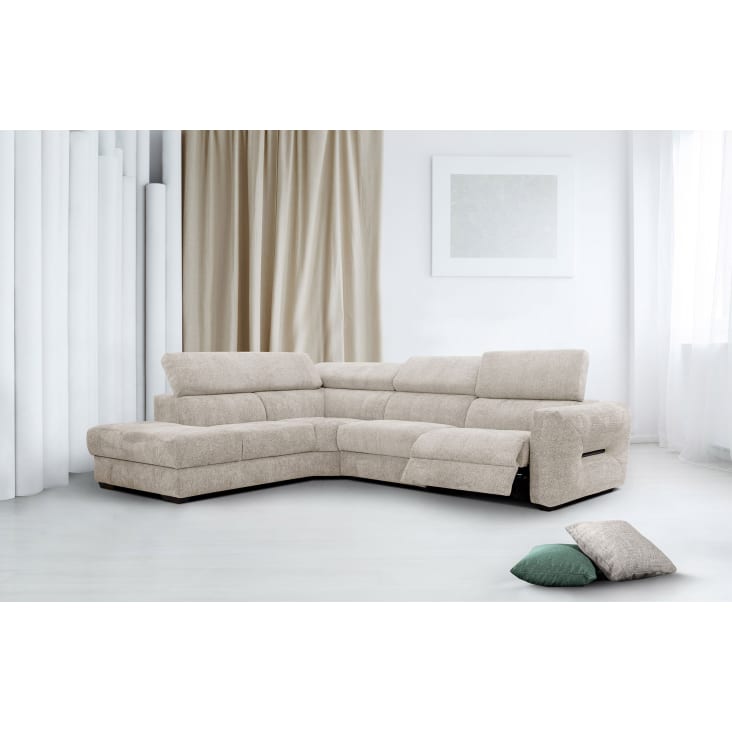 Canapé d'angle gauche 5 places avec une relax électrique tissu beige-Calvera cropped-2