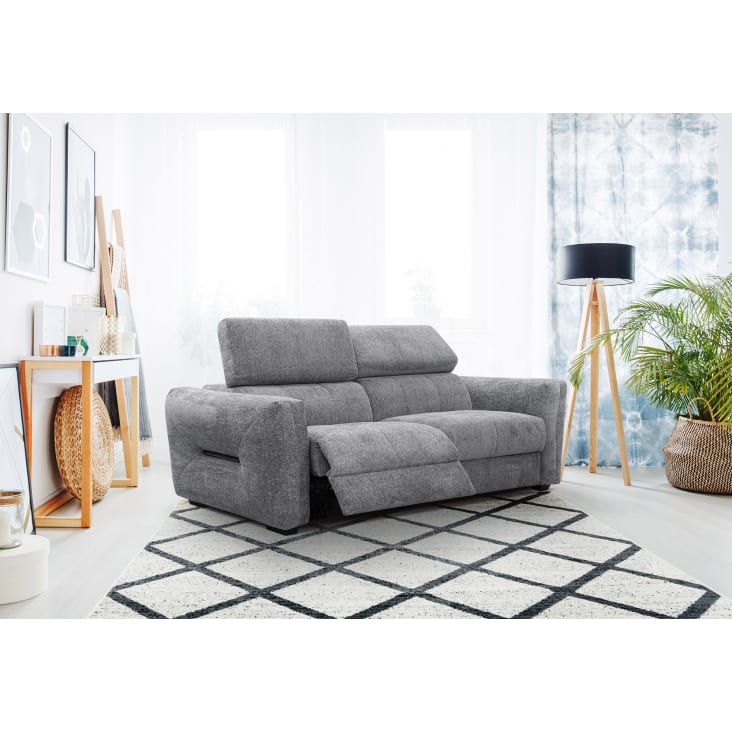 Canapé droit 3 places avec relax électrique à gauche tissu gris moyen-Calvera cropped-2