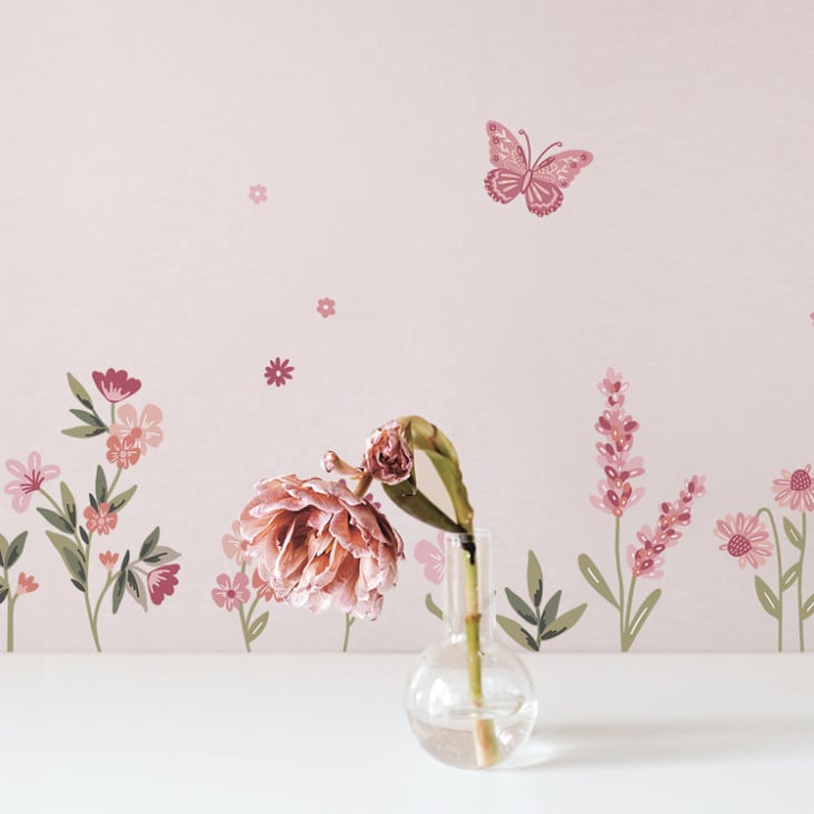 Stickers muraux fleurs et papillons en vinyle mat rose MAGENTA